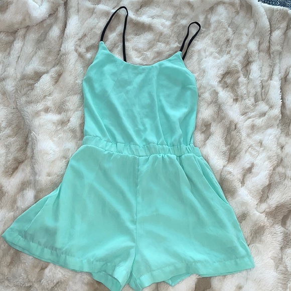 Mint Green Shorts Romper with caged back - Picture 1 of 9